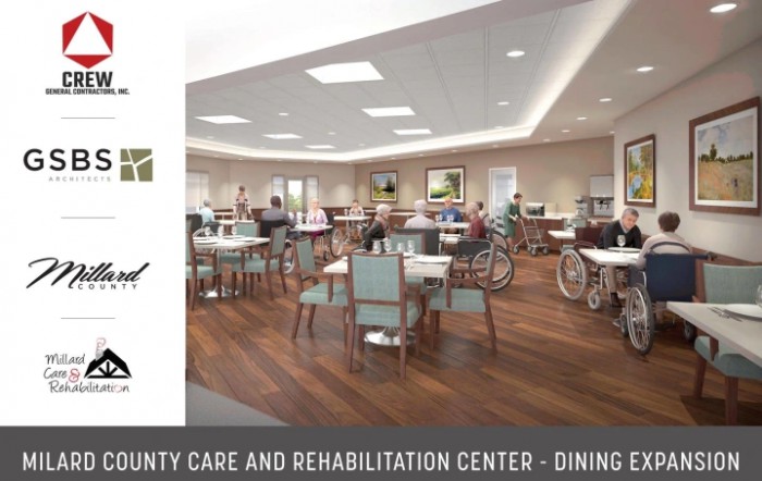 A spacious dining area in a rehabilitation center with tables and chairs arranged for elderly care.