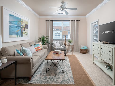 A cozy and well-lit living room featuring a comfortable sofa, stylish coffee table, decorative artwork, and potted plants.