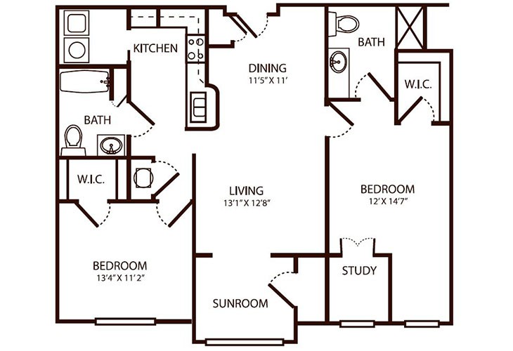 A floor plan of a two-bedroom apartment with a study, kitchen, living room, dining area, and bathrooms.