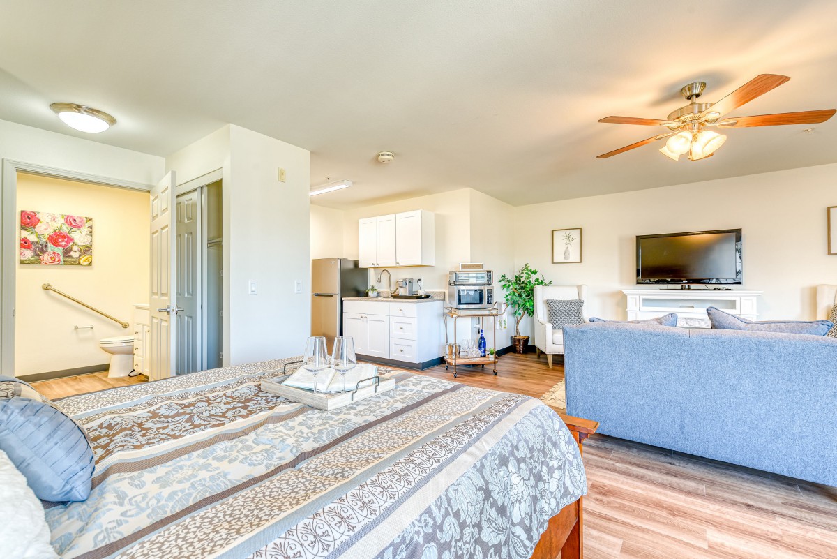 A bright, open-concept living space combining a bedroom, kitchen, and lounge area with contemporary decor.