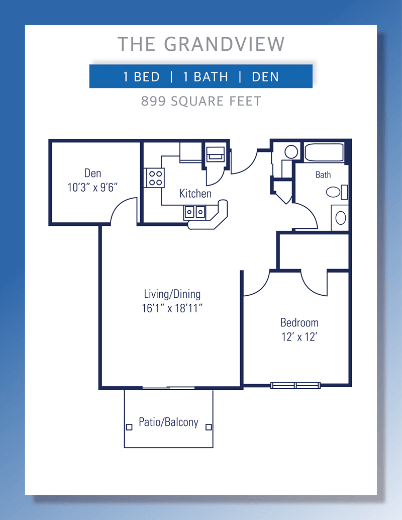 A floor plan of an apartment featuring one bedroom, one bathroom, a den, and a total area of 800 square feet.
