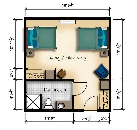 A compact floor plan showing a living and sleeping area with a bathroom.