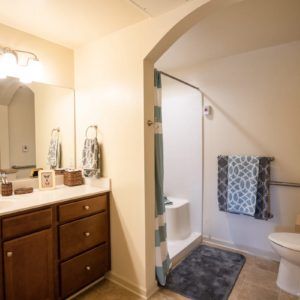 A modern bathroom with a vanity, shower, and neatly arranged towels.