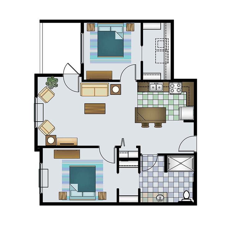 A detailed floor plan of a two-bedroom apartment with a living room, kitchen, and bathroom.