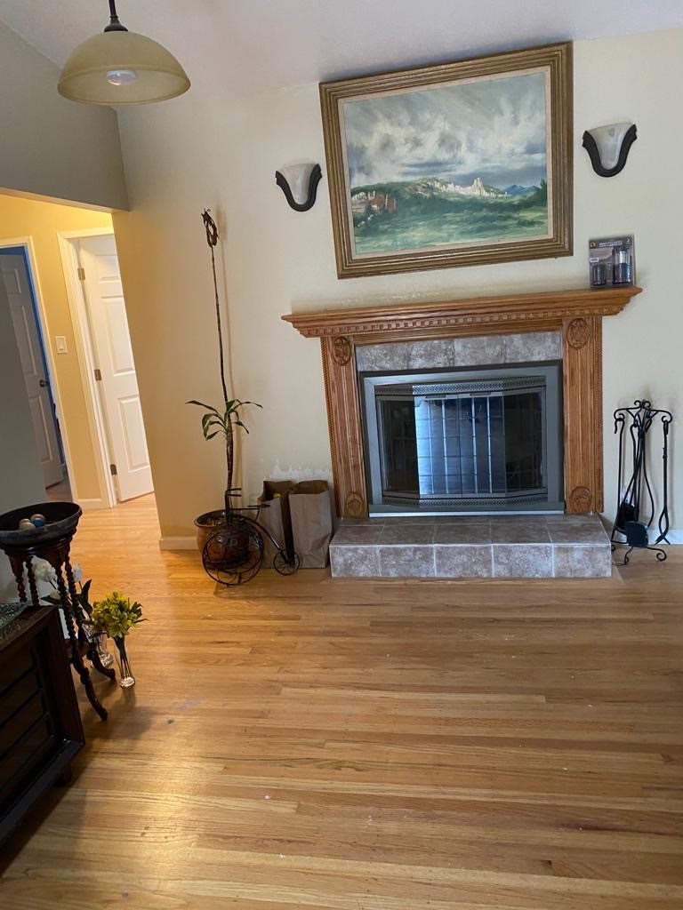 A cozy living room with a wooden fireplace and hardwood flooring, adorned with a painting and plants.