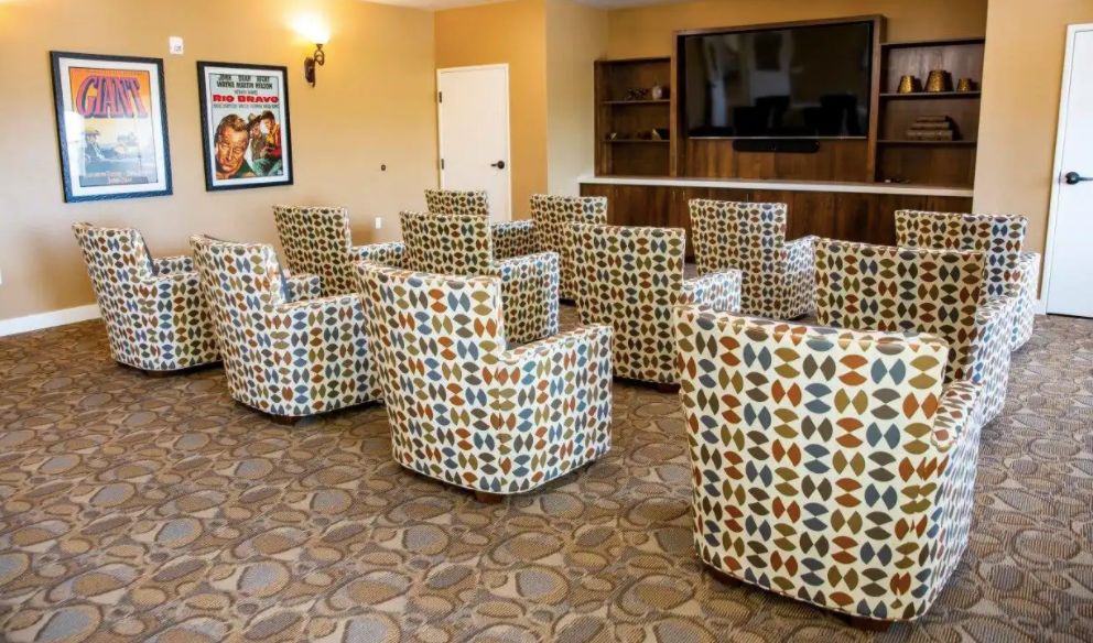A cozy lounge area with patterned chairs arranged around a television, ideal for meetings or relaxation.