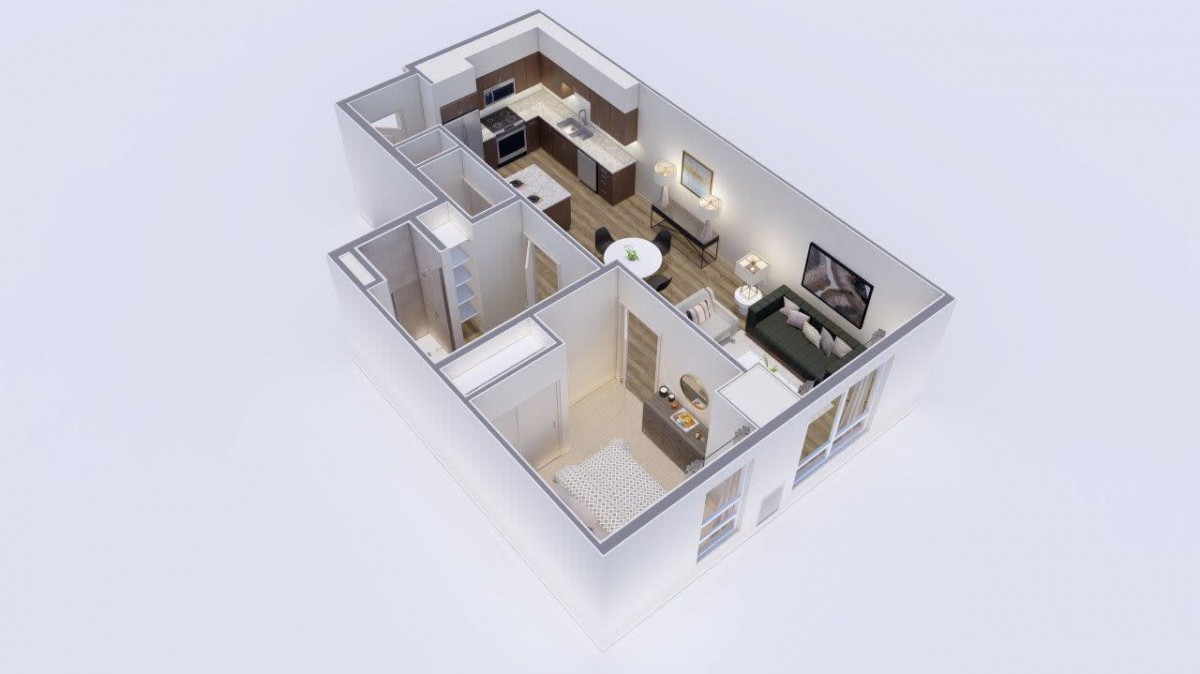 3D floor plan of a modern apartment layout showcasing kitchen, living area, and bedroom.