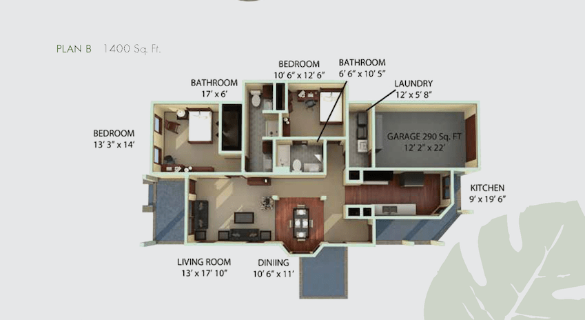 A detailed floor plan showing the layout of a residential space, including rooms such as living room, bedroom, kitchen, and garage.