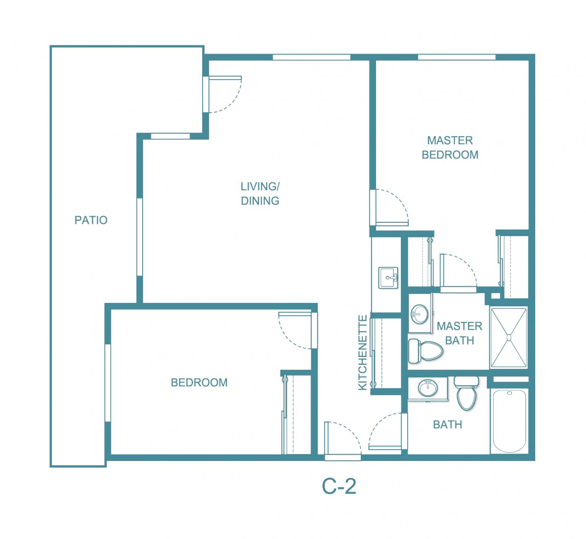Floor plan of a two-bedroom apartment layout with living area and bathrooms.