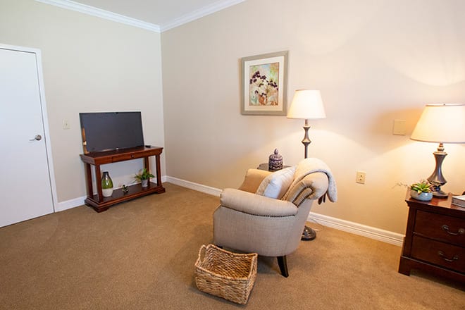 Cozy living room corner with a comfortable armchair, lamp, and television.