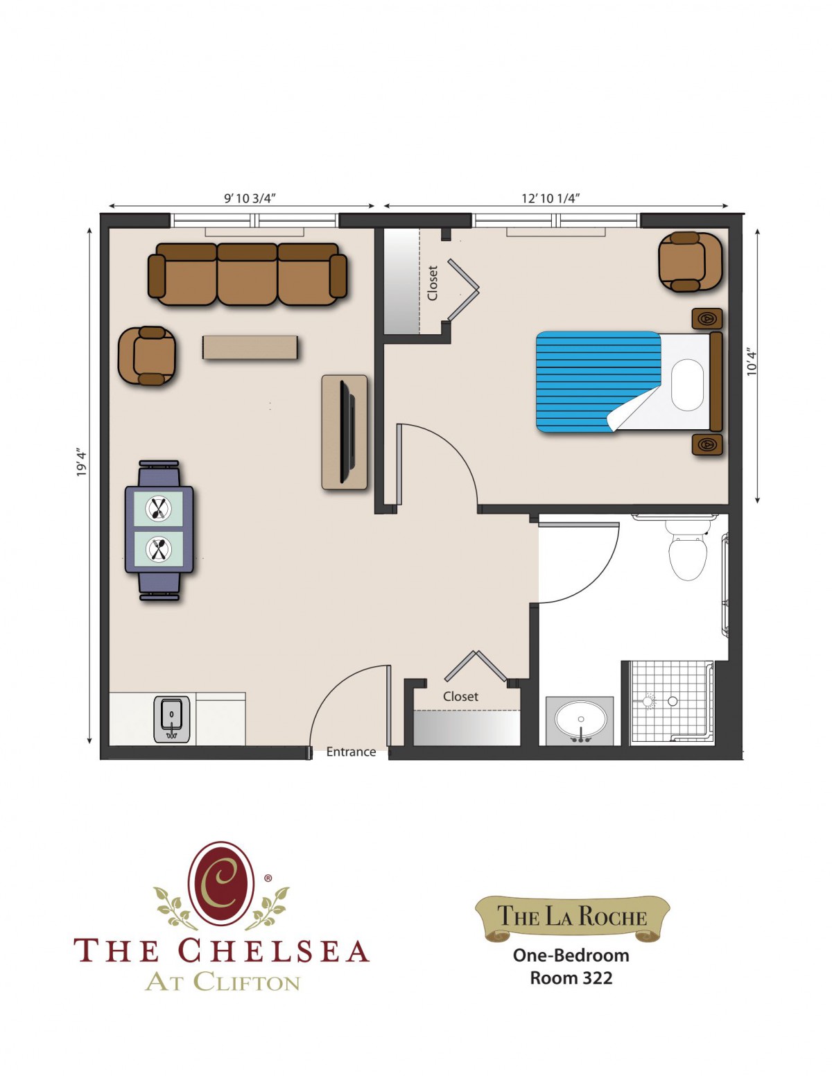 Floor plan of a one-bedroom apartment layout with living room, kitchen, bathroom, and bedroom.