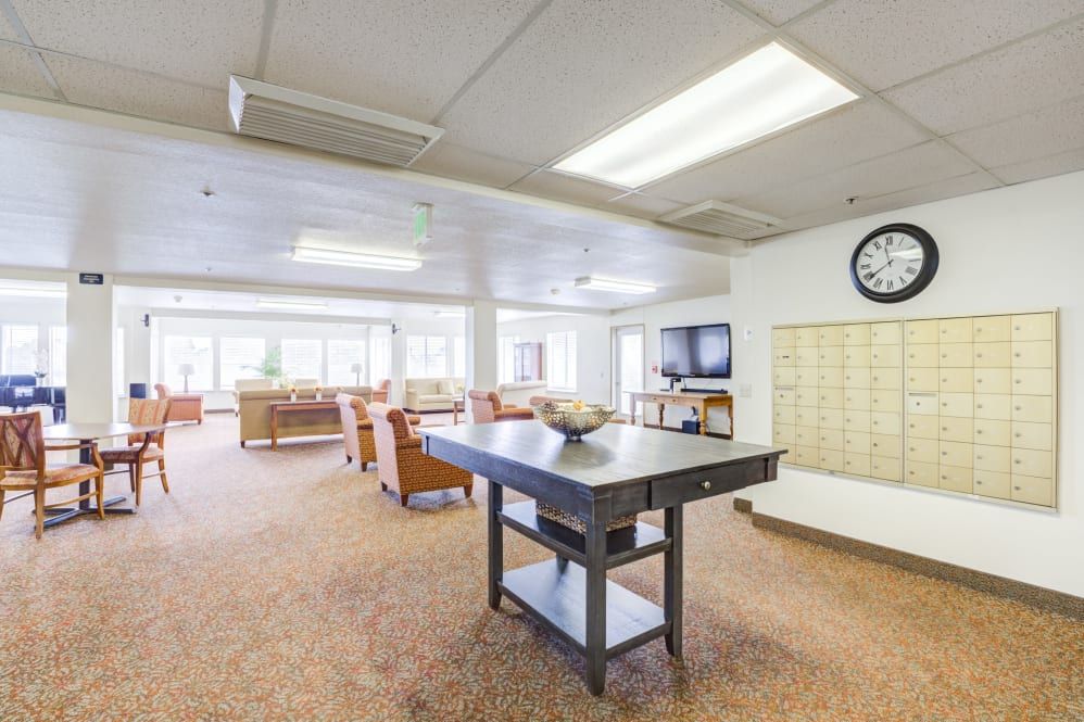A spacious lounge area with comfortable seating and a central table.