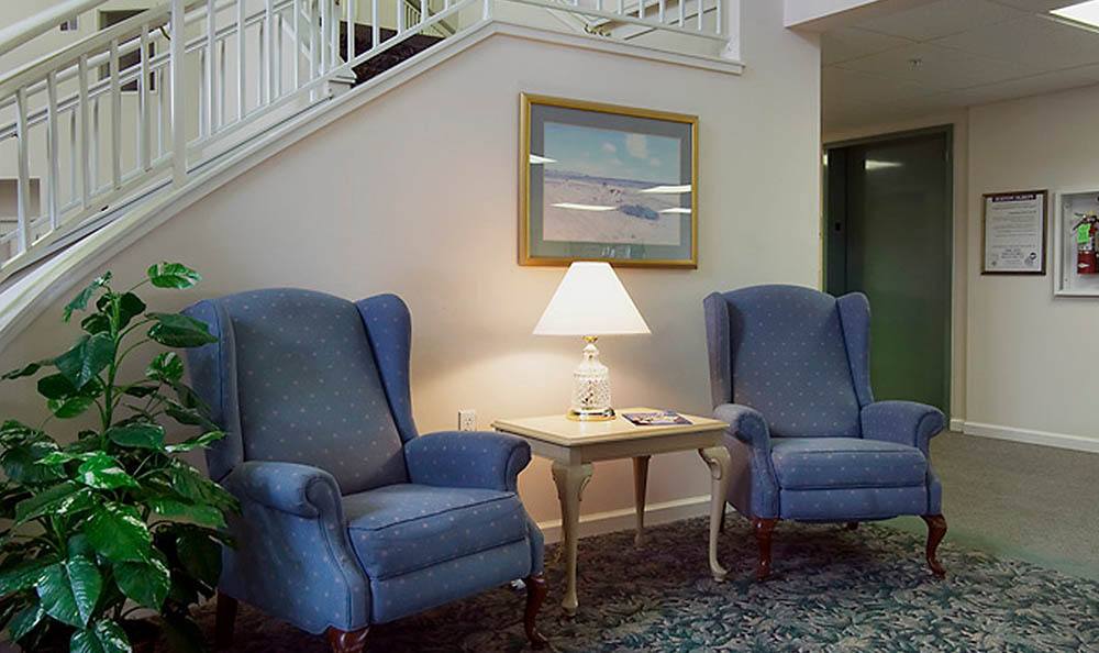 A cozy living room setup with blue armchairs, a lamp on a side table, and artwork on the wall.