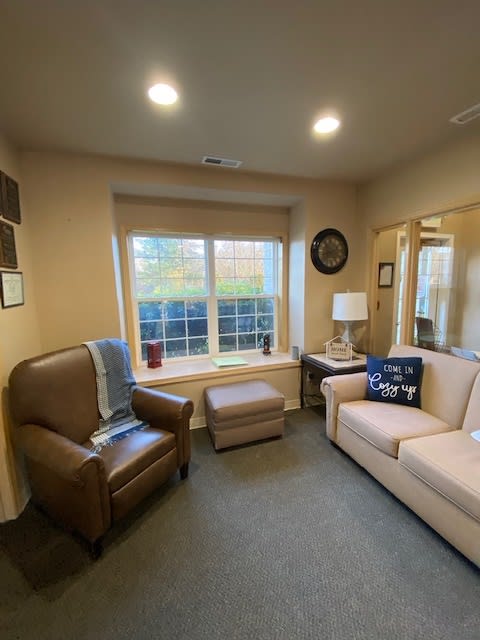 A cozy living room with a sofa, armchair, and a large window.