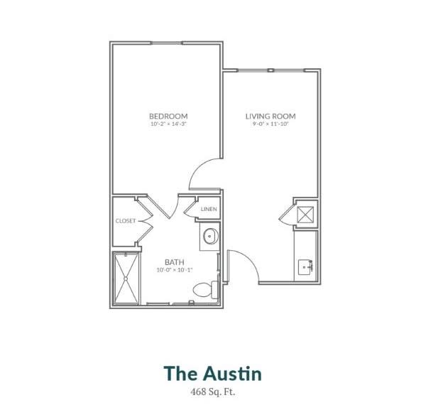 The Austin apartment floor plan with one bedroom and one bathroom, totaling 563 square feet.