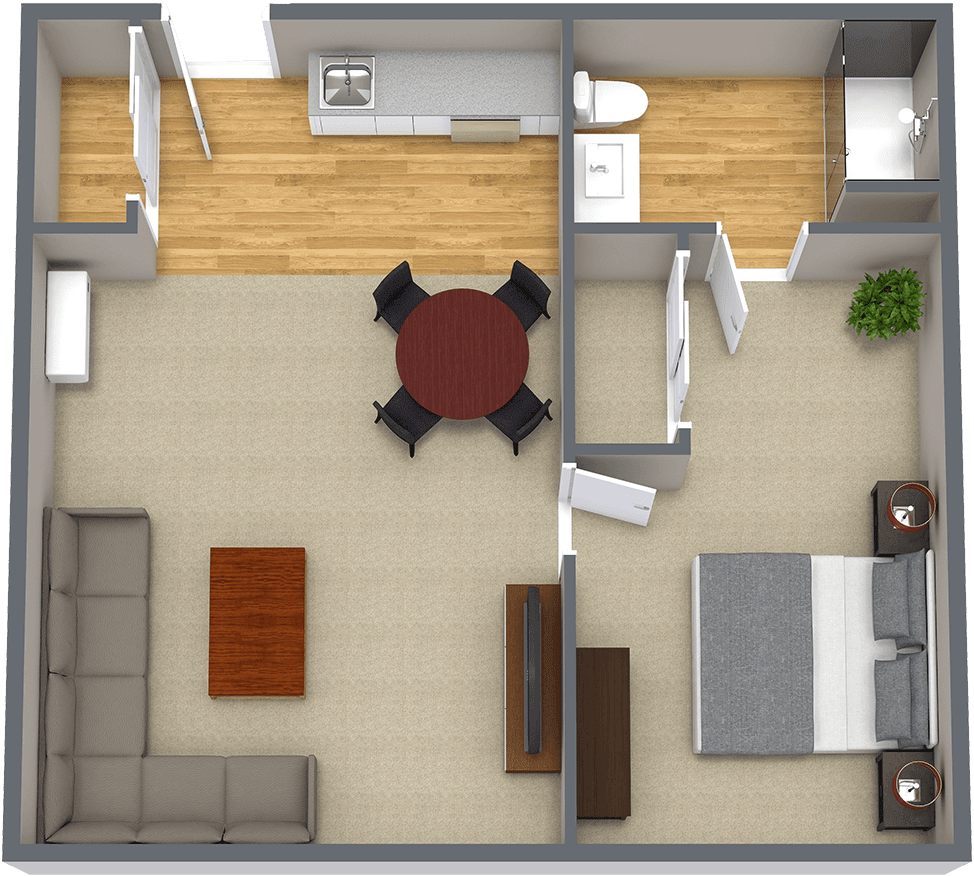 A 3D floor plan of a small apartment featuring a living room, kitchen, bedroom, and bathroom.