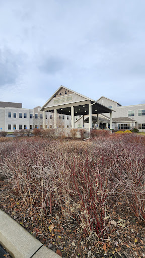A modern building with a distinctive architectural design surrounded by barren shrubs under a cloudy sky.