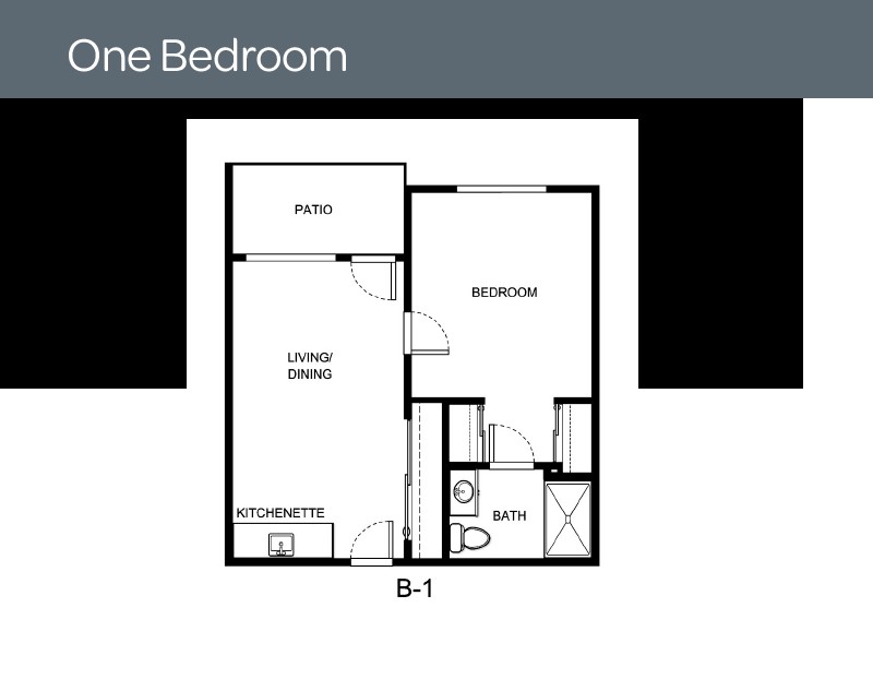 One bedroom apartment floor plan with living room, kitchen, and bathroom.