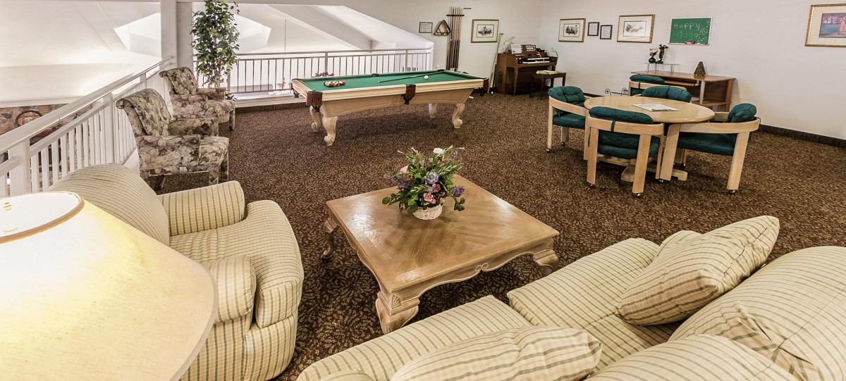 A cozy living space featuring a pool table, comfortable seating, and a decorative coffee table centerpiece.