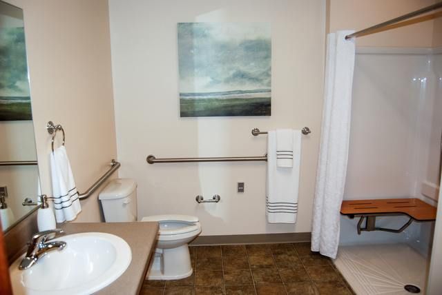 An accessible bathroom featuring grab bars, a toilet, sink, towel rack, and shower area with a curtain.