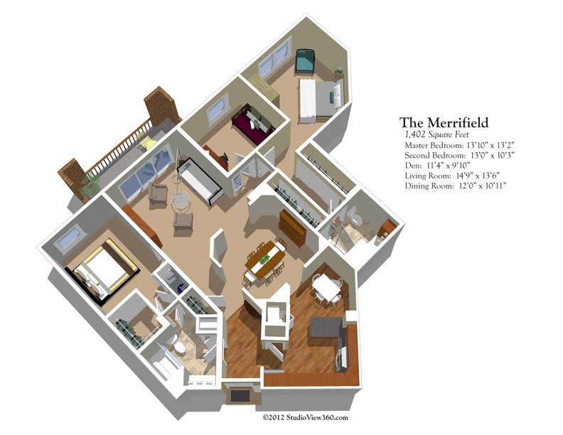3D floor plan of an apartment showing detailed room arrangements and furniture placement.