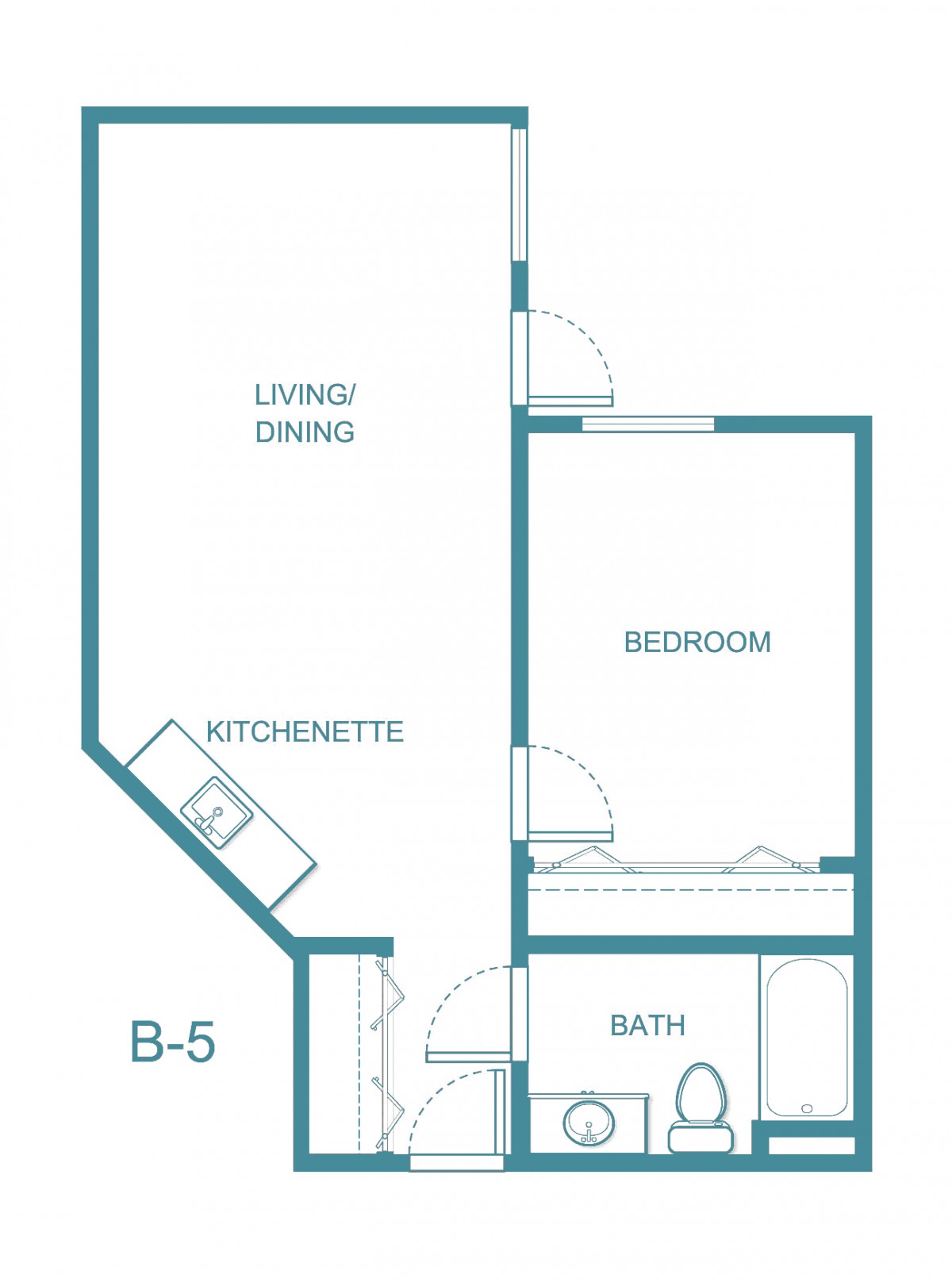 A floor plan of a one-bedroom apartment featuring a kitchenette, living/dining area, bathroom, and bedroom.
