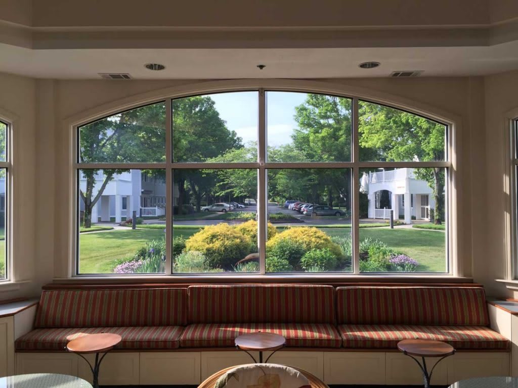 A scenic view through a large arch window showcasing a garden and buildings outside.