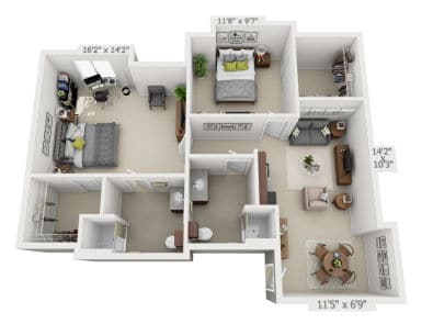 A 3D rendered floor plan of a modern apartment showcasing the layout of rooms and furnishings.