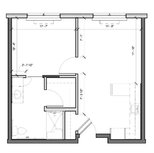 A floor plan of an apartment with labeled rooms and measurements.