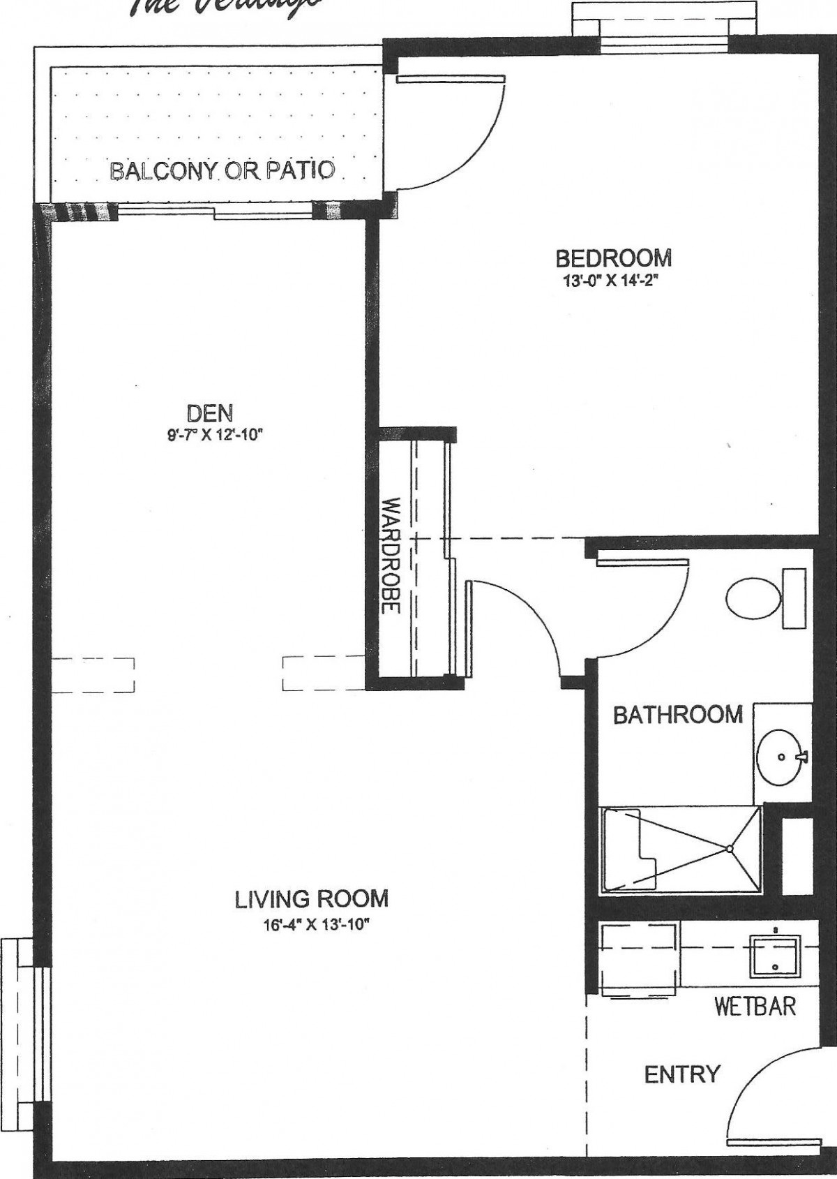 A detailed floor plan of an apartment showing the layout of the living room, bedroom, and bathroom.