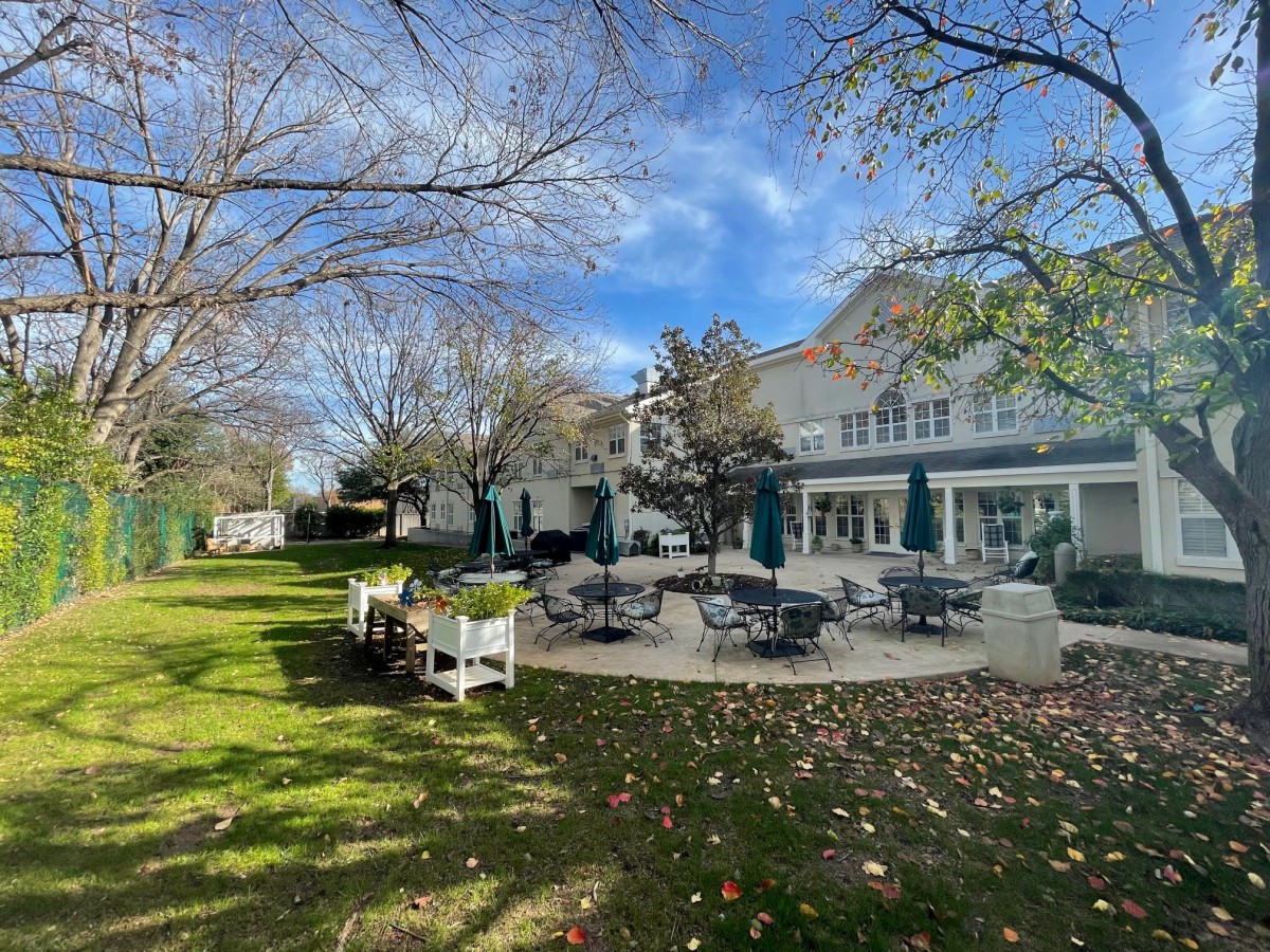 A backyard with a spacious patio area, surrounded by trees and fallen autumn leaves under a clear blue sky.
