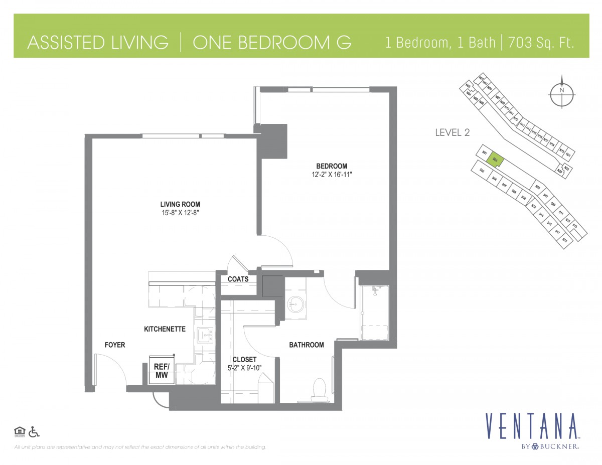 Floor plan of a one-bedroom assisted living apartment.