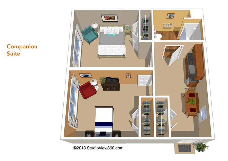 A 3D floor plan of a two-bedroom apartment with living room and kitchen.