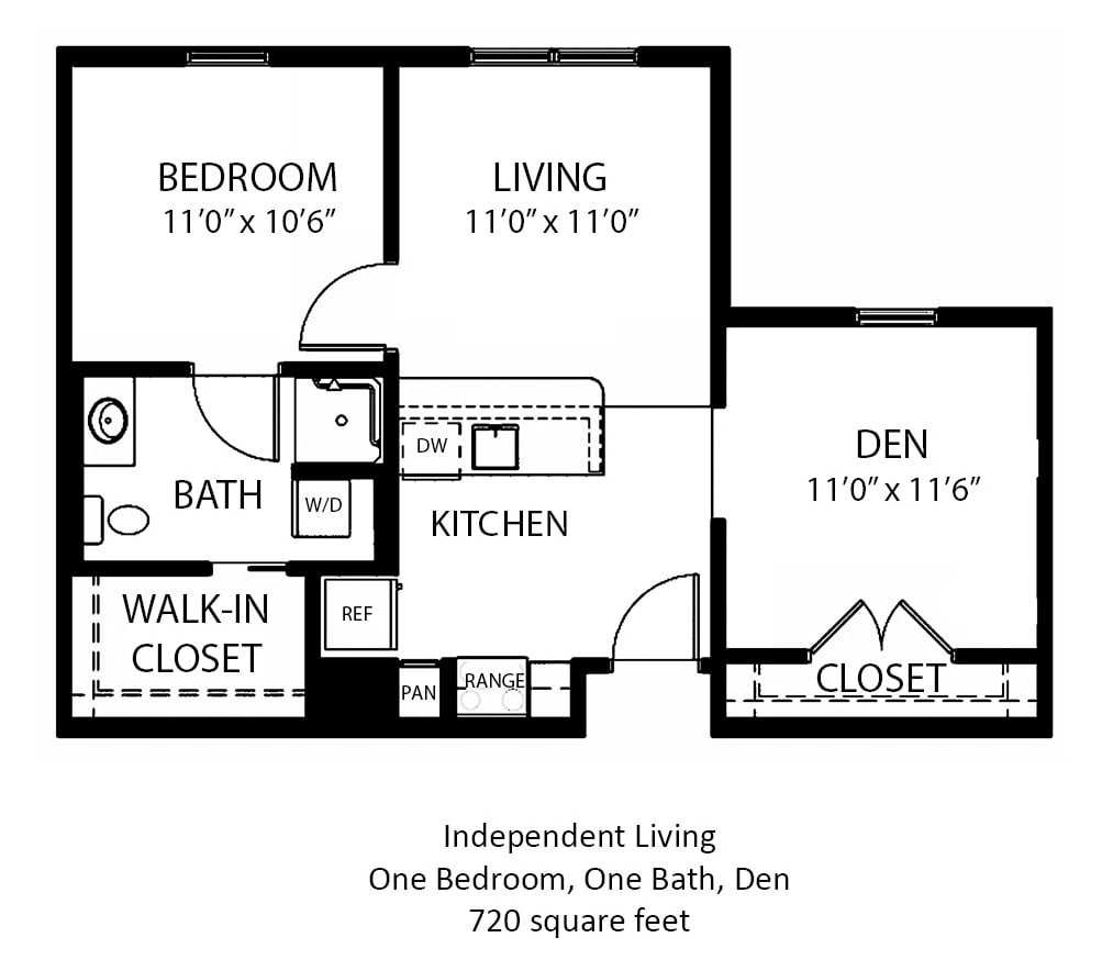 Floor plan of a one-bedroom apartment with a living room, kitchen, den, bathroom, and walk-in closet.