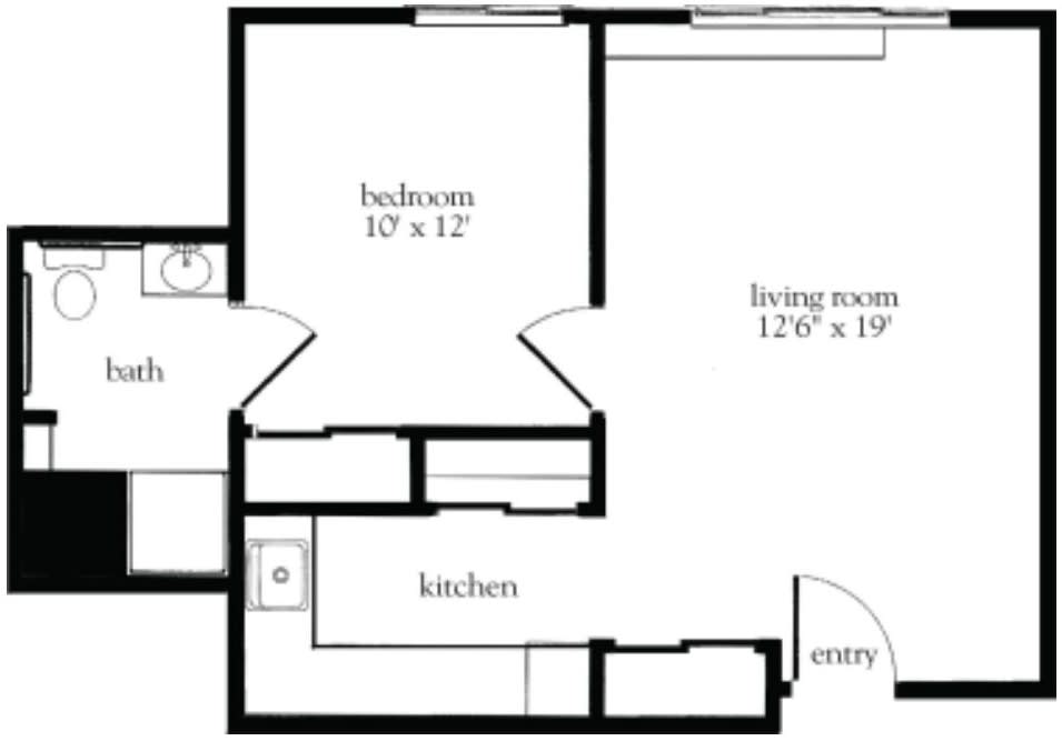 A floor plan of a one-bedroom apartment featuring a kitchen, living room, and bathroom.