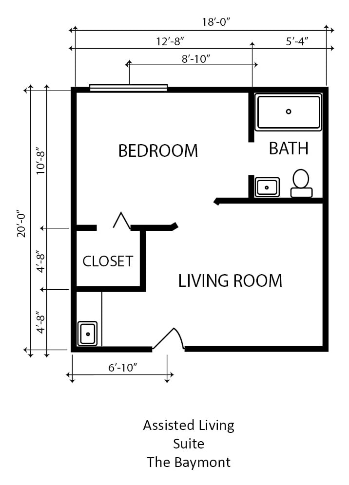 A simple floor plan of an apartment showing the layout of a bedroom, living room, closet, and bathroom.