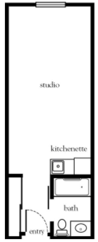 A simple floor plan of a studio apartment with a kitchenette.