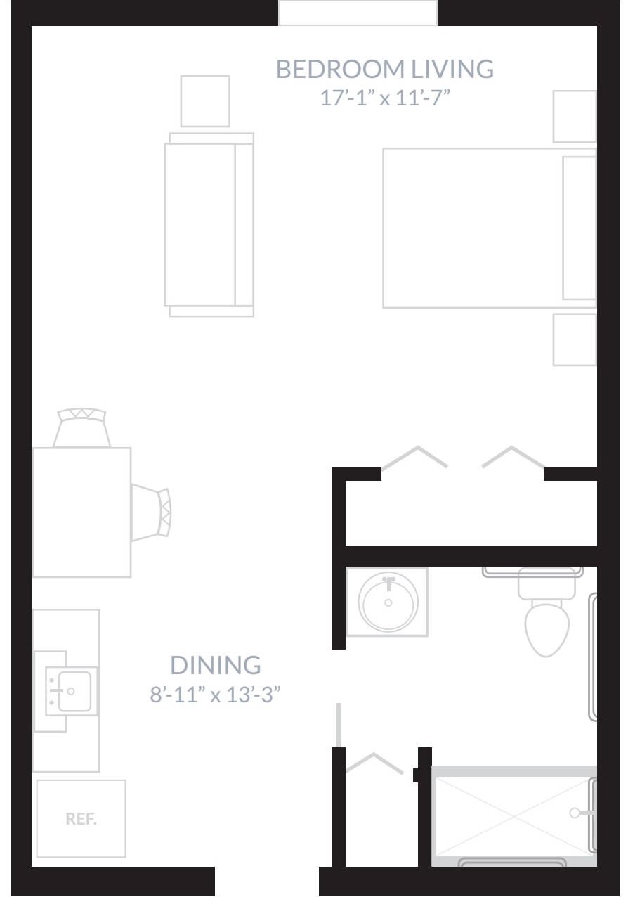 A simple floor plan of an apartment showing room arrangements and dimensions.