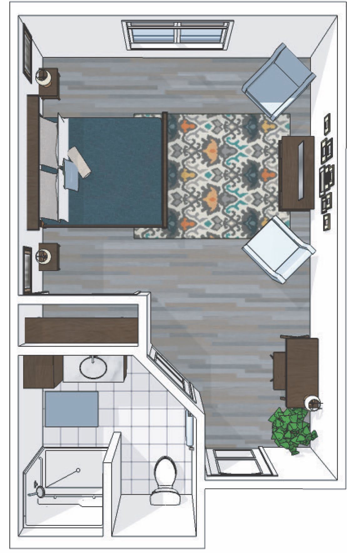 A detailed floor plan of a bedroom with a modern design, featuring a bed, rug, seating area, and an adjacent bathroom.
