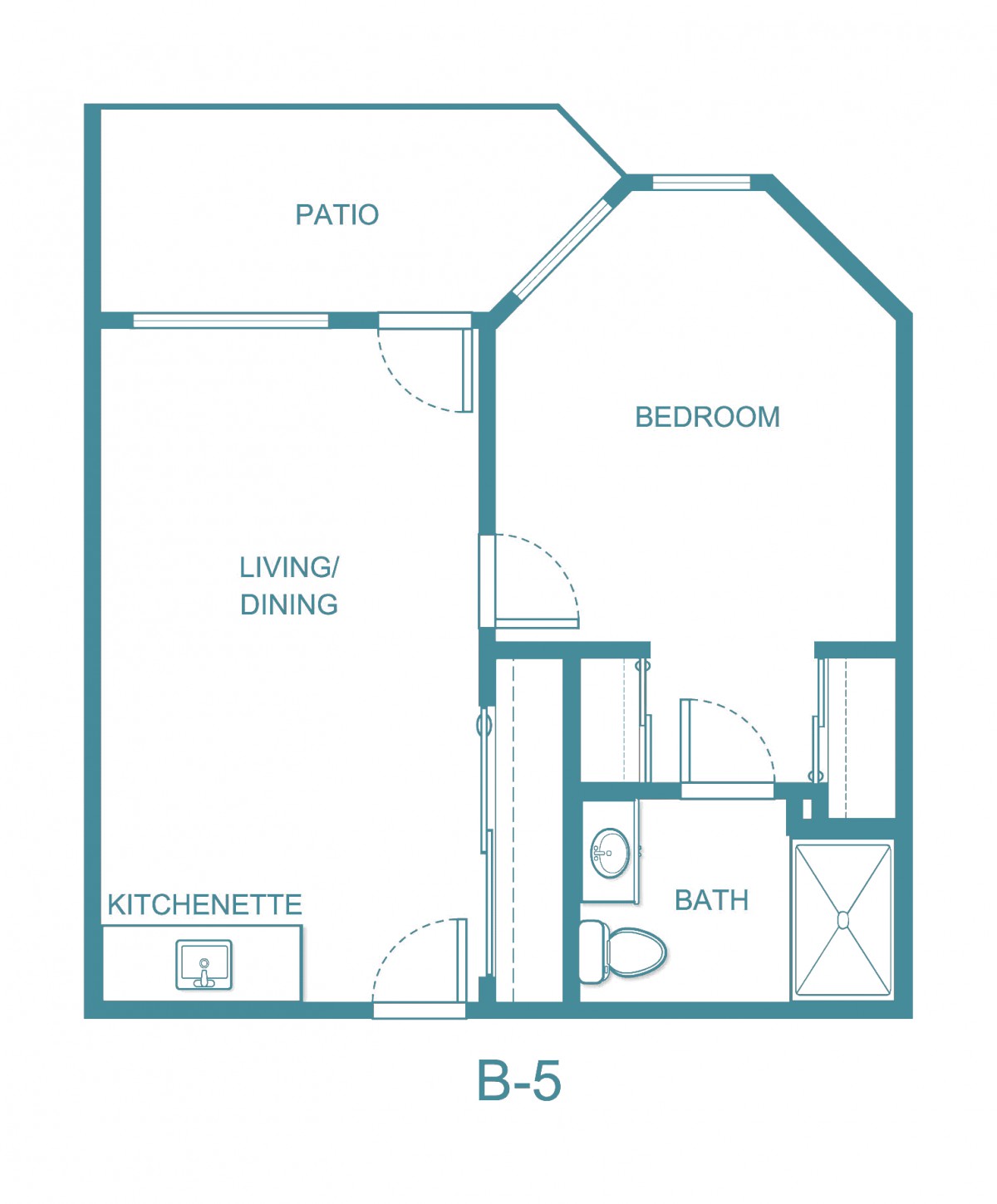 A floor plan of a one-bedroom apartment featuring a living/dining area, kitchenette, bathroom, bedroom, and patio.