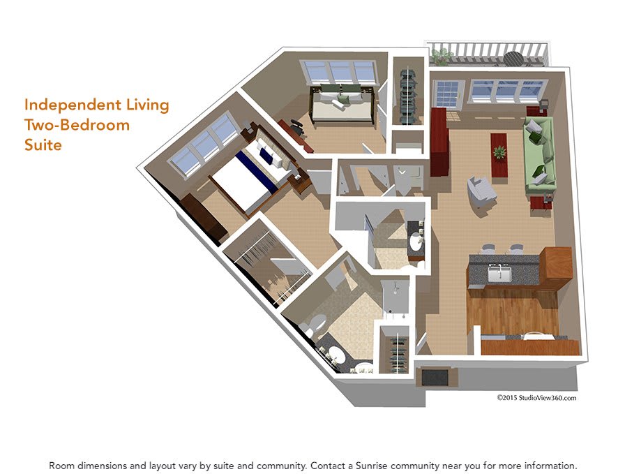 A detailed floor plan of a two-bedroom apartment, showcasing the layout of the living room, kitchen, and bathrooms.