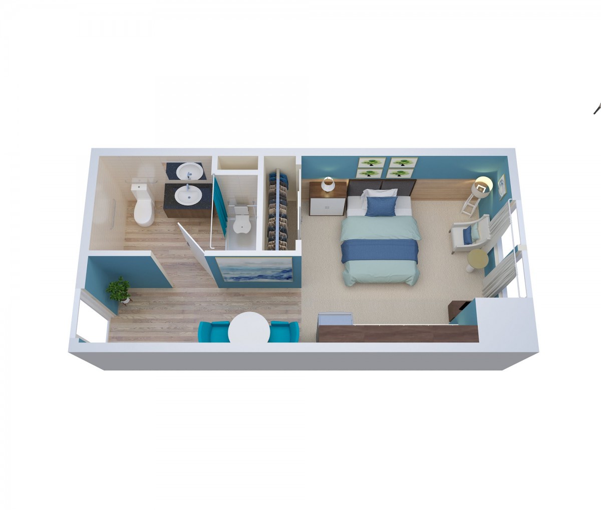 3D rendering of a one-bedroom apartment layout with bathroom and living area.
