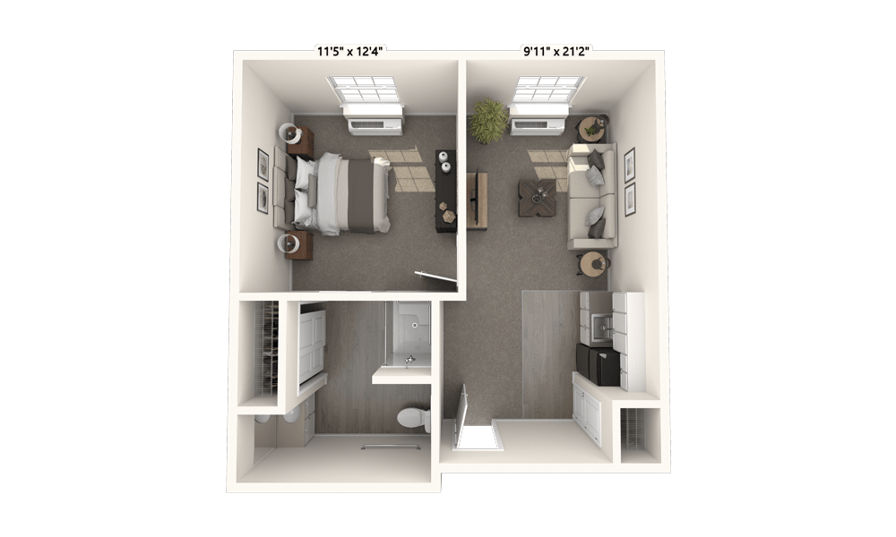 A compact apartment floor plan featuring a bedroom, living room, kitchen, and bathroom.