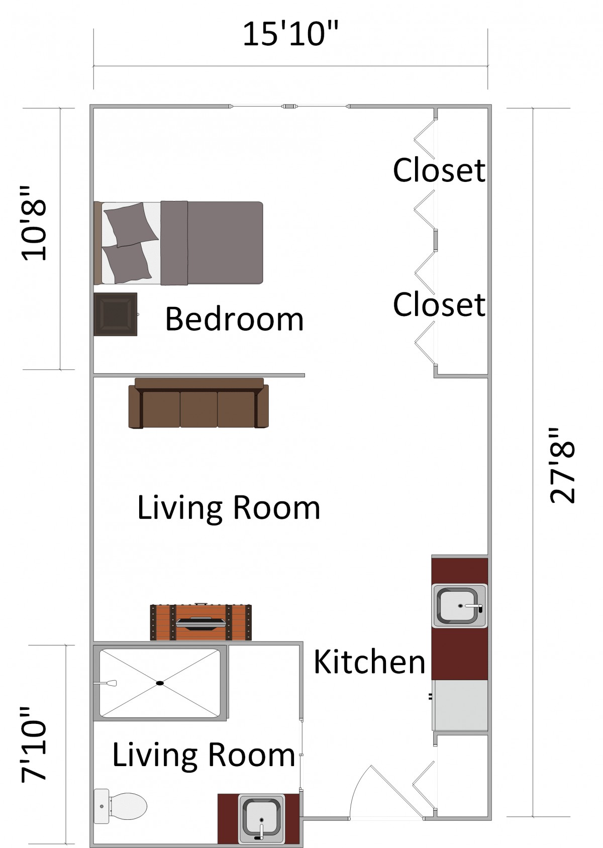 A floor plan of an apartment featuring a bedroom, living room, kitchen, and closet space.