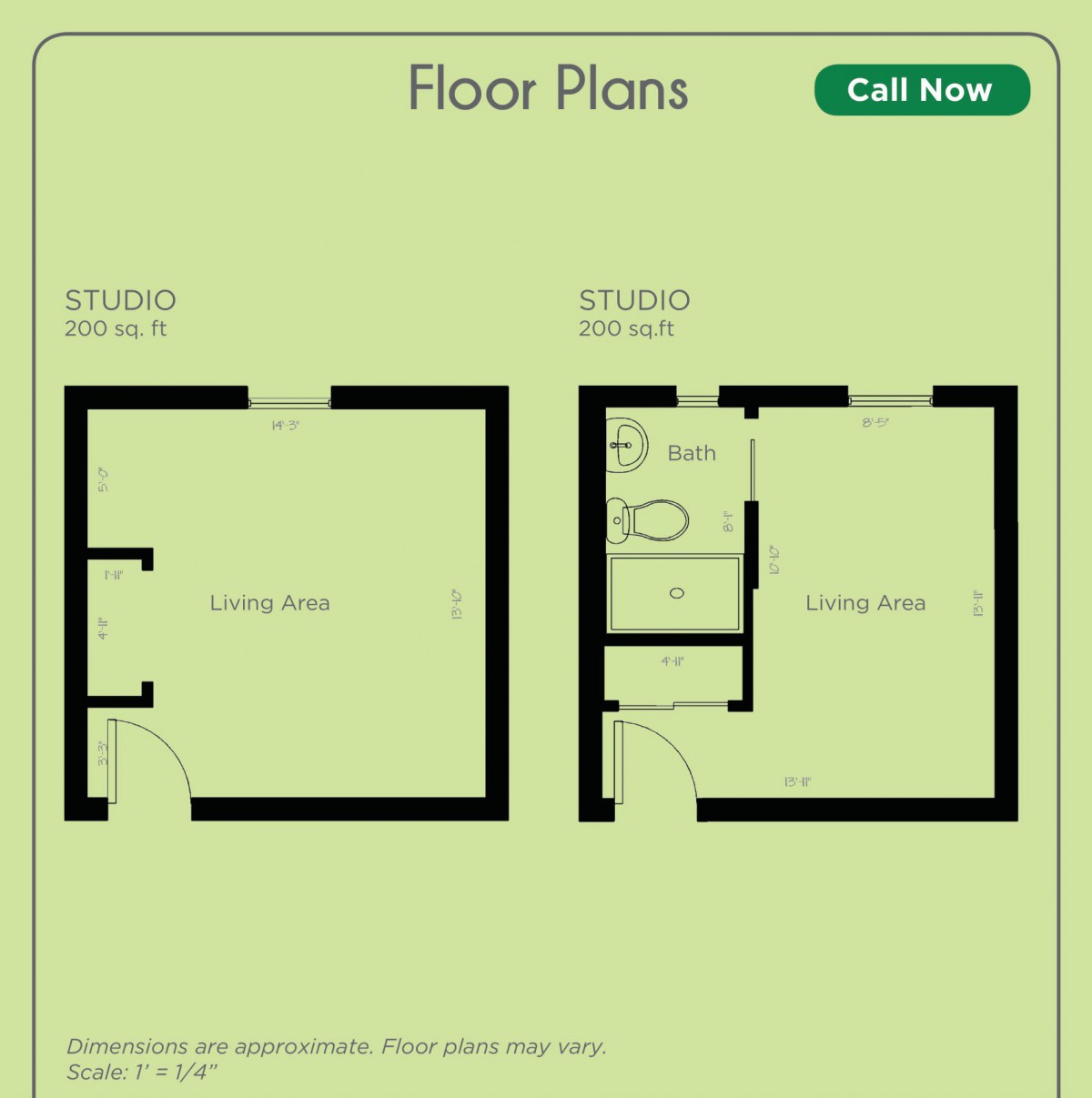 Two floor plan designs for studio apartments with different layouts.