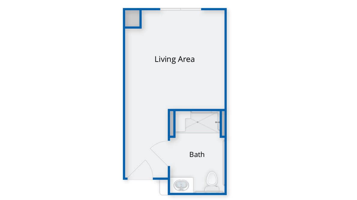 Floor plan of a studio apartment showing a living area and bathroom.