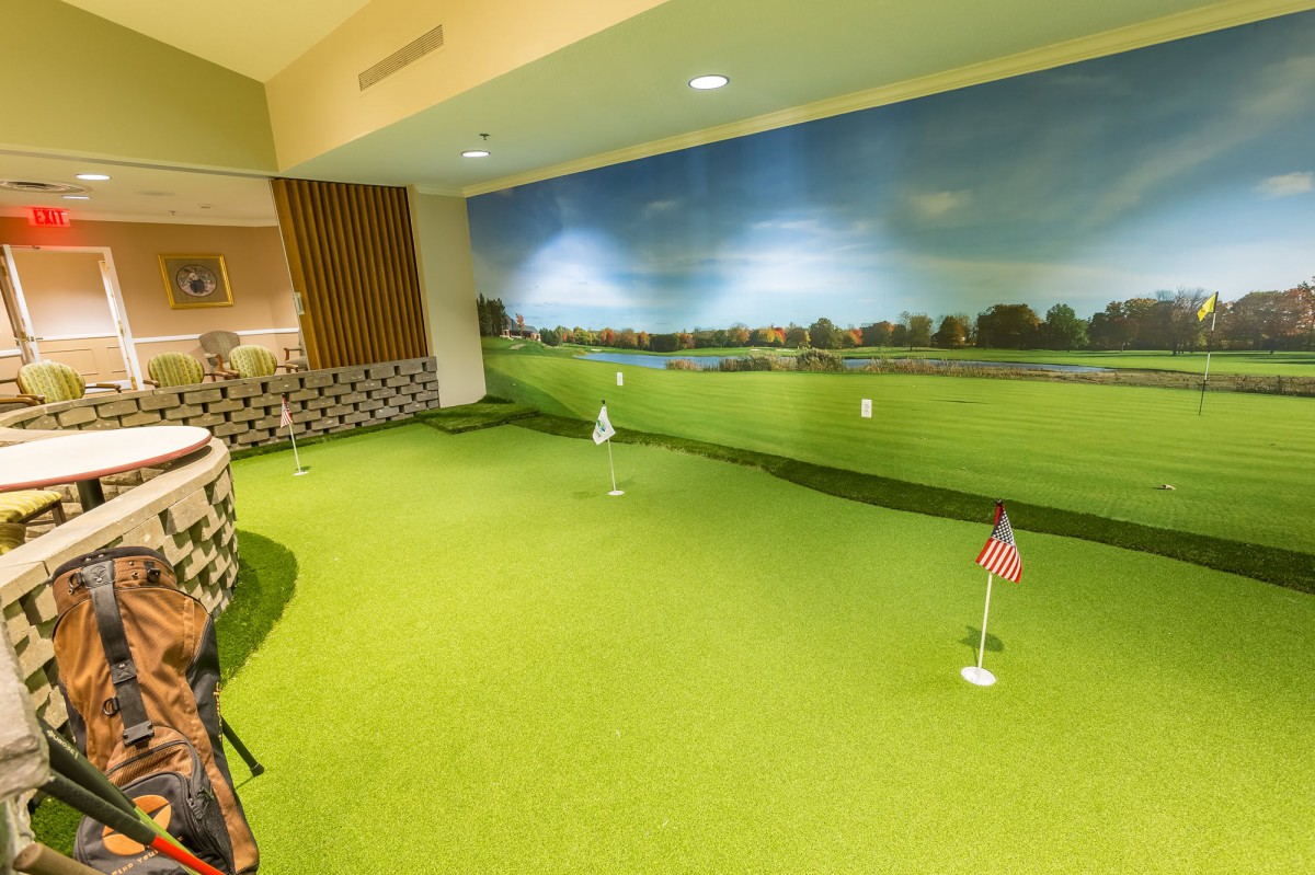 An indoor putting green with artificial turf for golf practice.