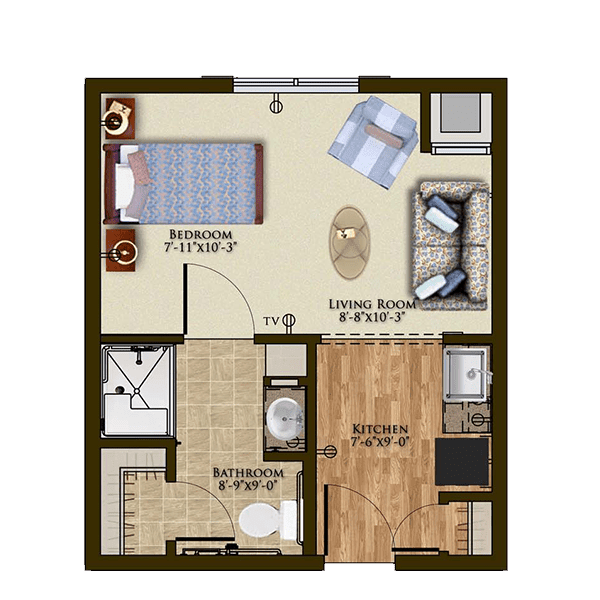 A one-bedroom apartment floor plan layout with living room, kitchen, and bathroom.