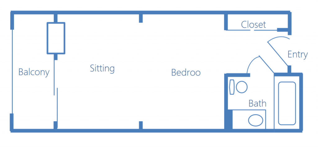 A simple floor plan showing a sitting area and bedroom.