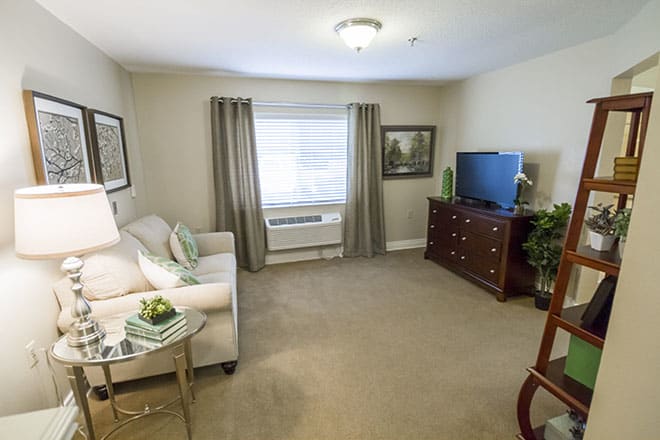 A cozy living room with a sofa, television, and tasteful decor.